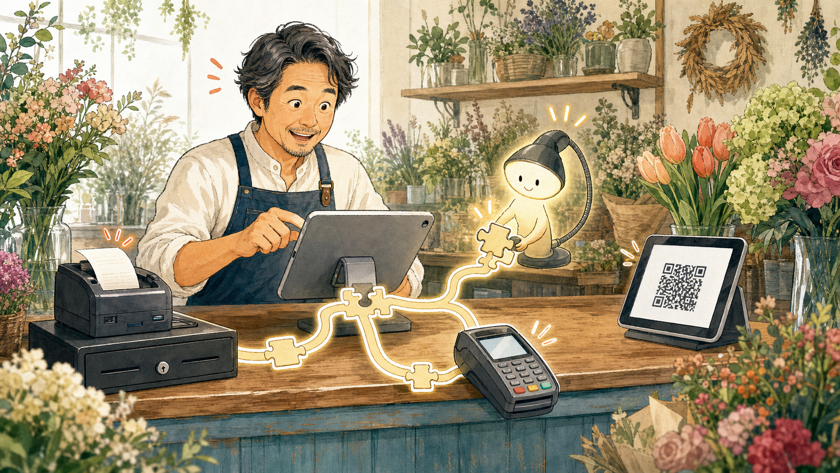 花屋がChatGPTと相談しながらタブレット、レシートプリンター、キャッシュドロア、決済端末、QRコードをつないで自作レジを開発するイメージ