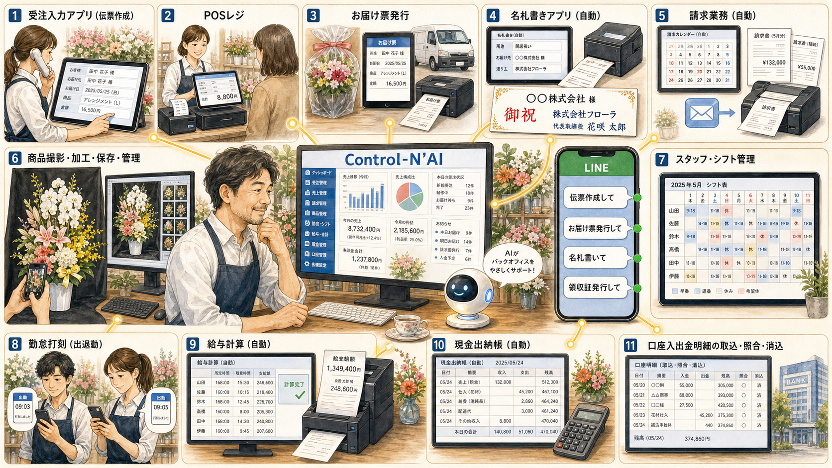 受注、POSレジ、お届け票、名札、請求、商品写真、シフト、勤怠、給与、現金出納、銀行明細をControl-N’AIでつなぐ全体図